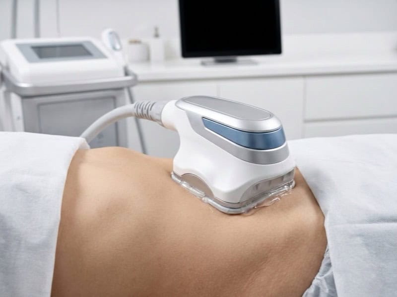 Cryolipolysis fat freezing applicator on the abdomen